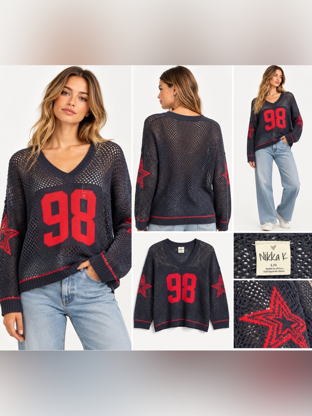 Nikka K Navy Garnet 98 Open Knit V-Neck Sweater Size L NWT